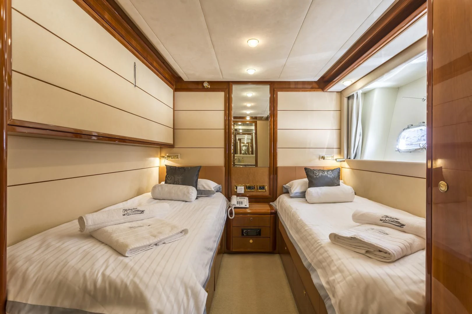 a room with two beds aboard MISS KATARIINA Yacht for Sale