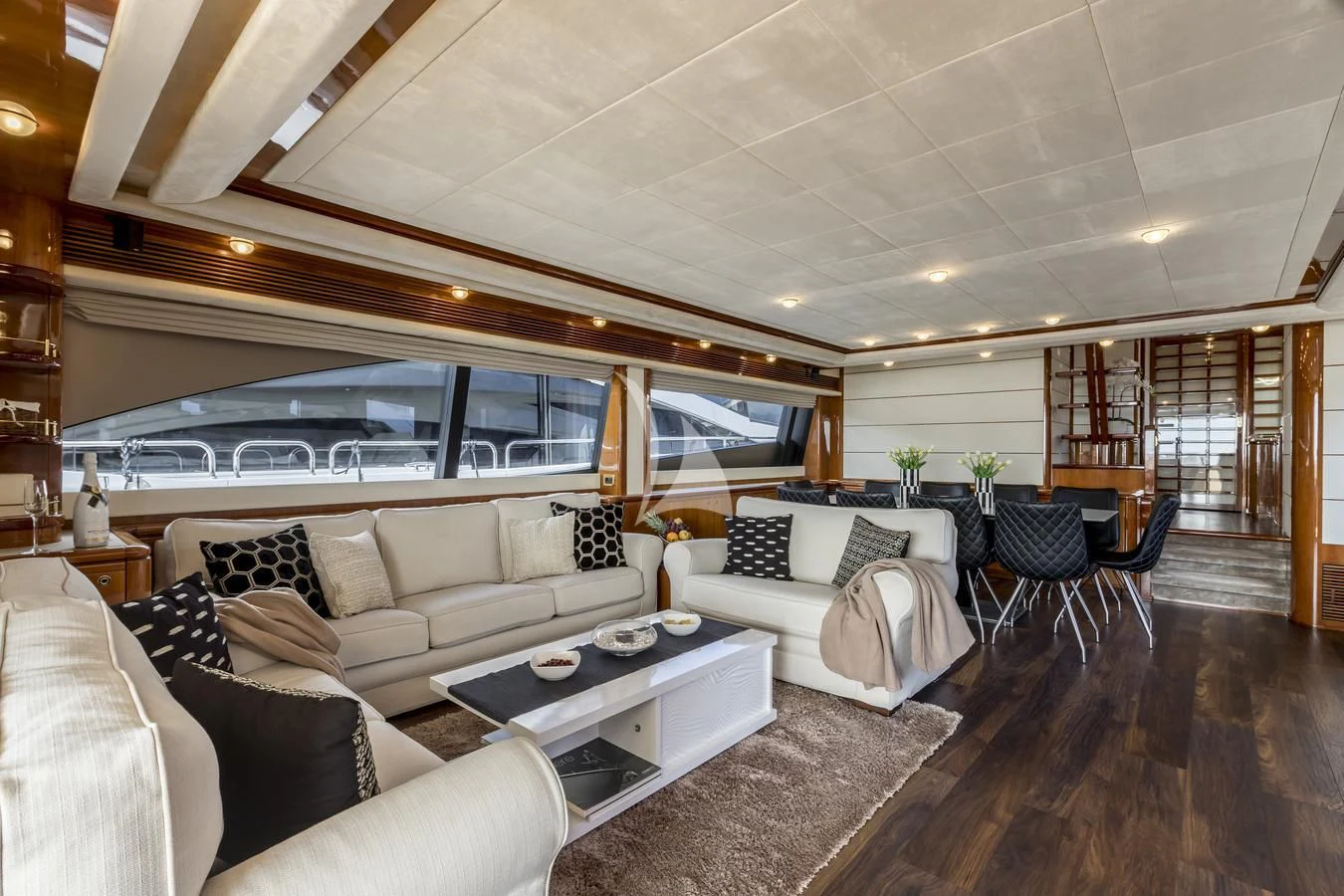 a living room with a large window aboard MISS KATARIINA Yacht for Sale