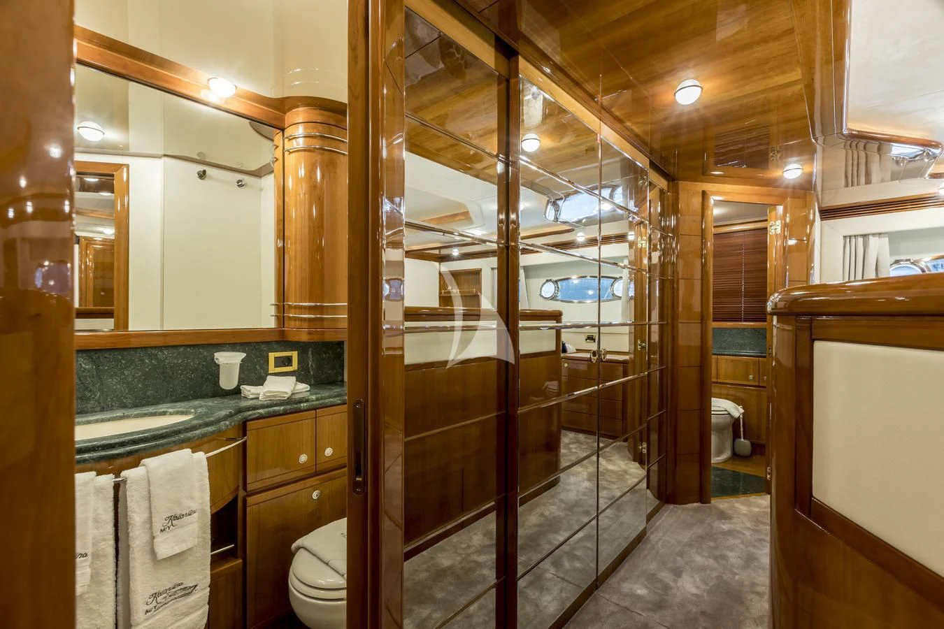 a bathroom with a glass shower aboard MISS KATARIINA Yacht for Sale