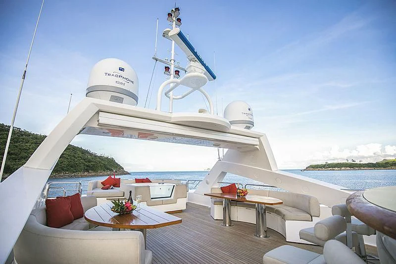 a white boat on a dock aboard THE DOGS Yacht for Sale