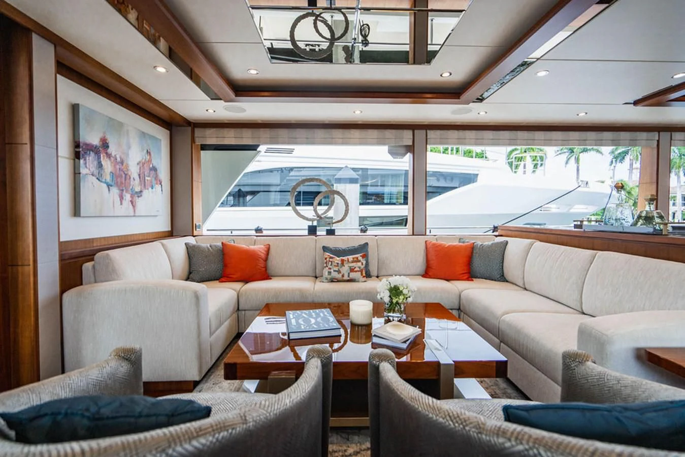 a living room with a large window aboard FAR NIENTE Yacht for Sale