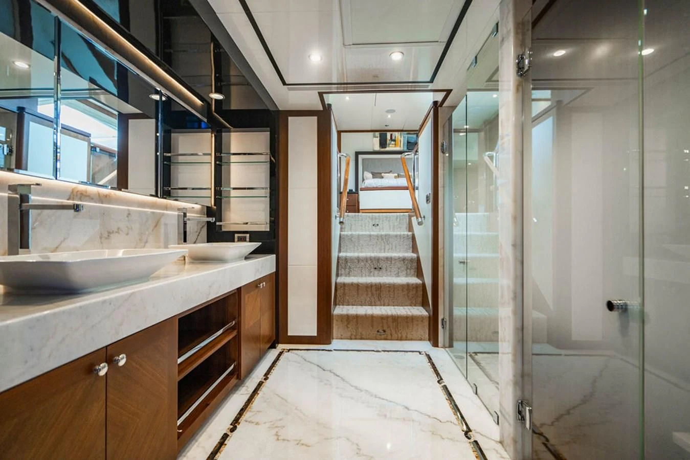 a bathroom with a large glass shower aboard FAR NIENTE Yacht for Sale