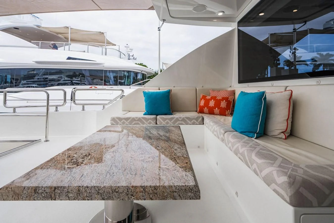 a room with a large bed and a large white boat aboard FAR NIENTE Yacht for Sale