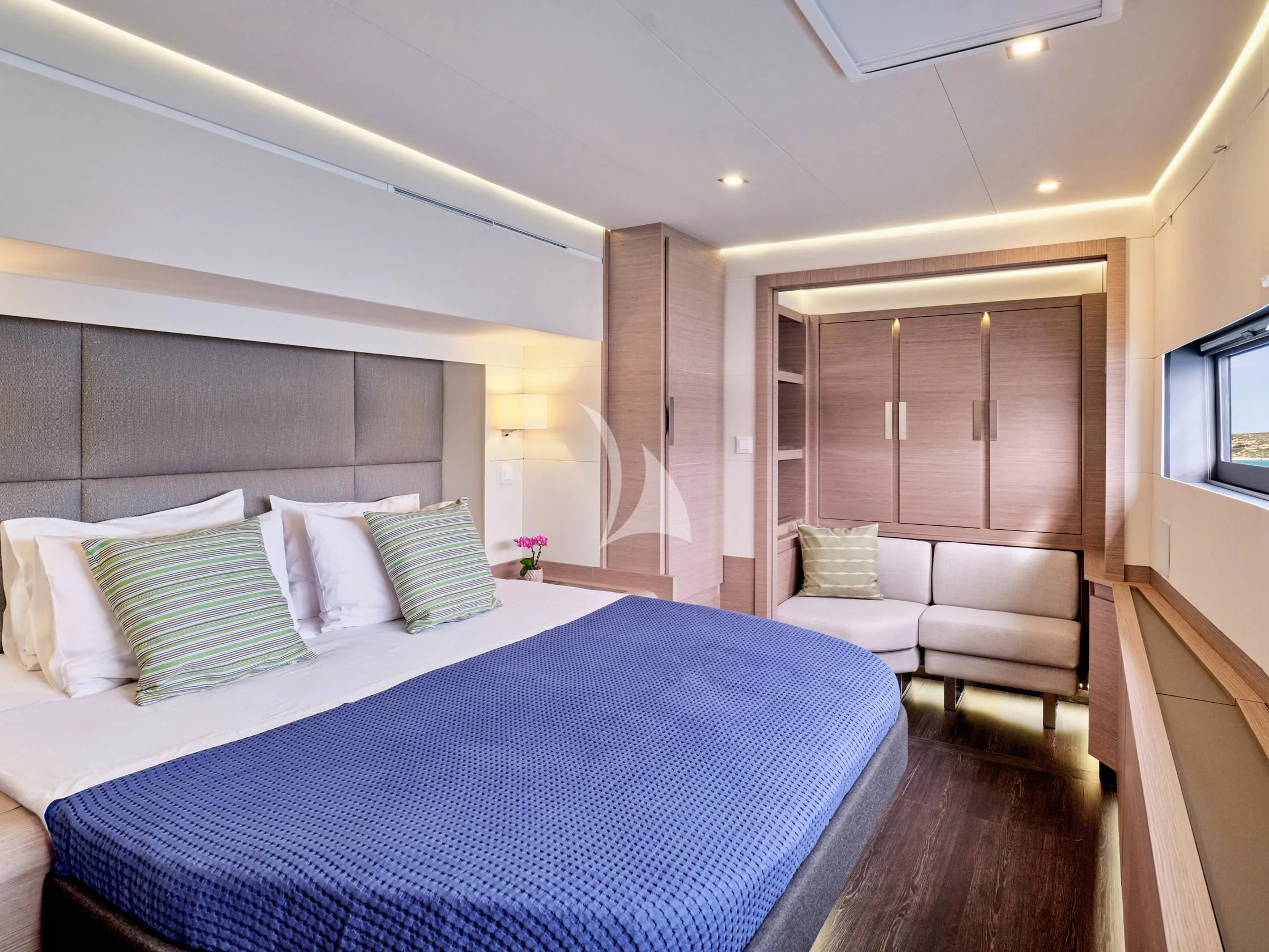 a bed in a room aboard PIXIE Yacht for Charter