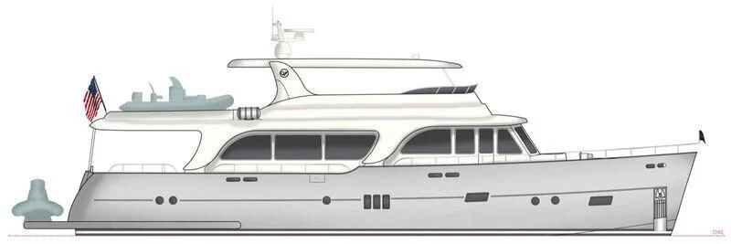 a white yacht with a flag on top aboard EMPIRE Yacht for Sale