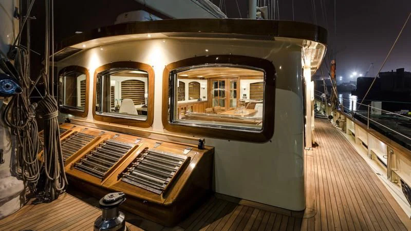 a boat on a deck aboard MALCOLM MILLER Yacht for Sale