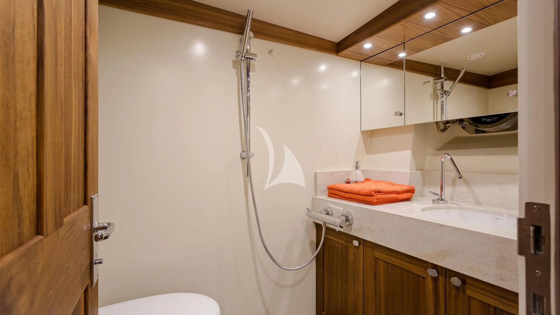 a shower unit with a sink and a faucet aboard MALCOLM MILLER Yacht for Sale