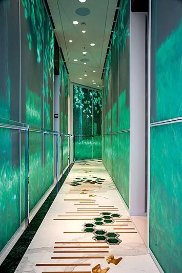 a hallway with green walls aboard LUMINOSITY Yacht for Sale