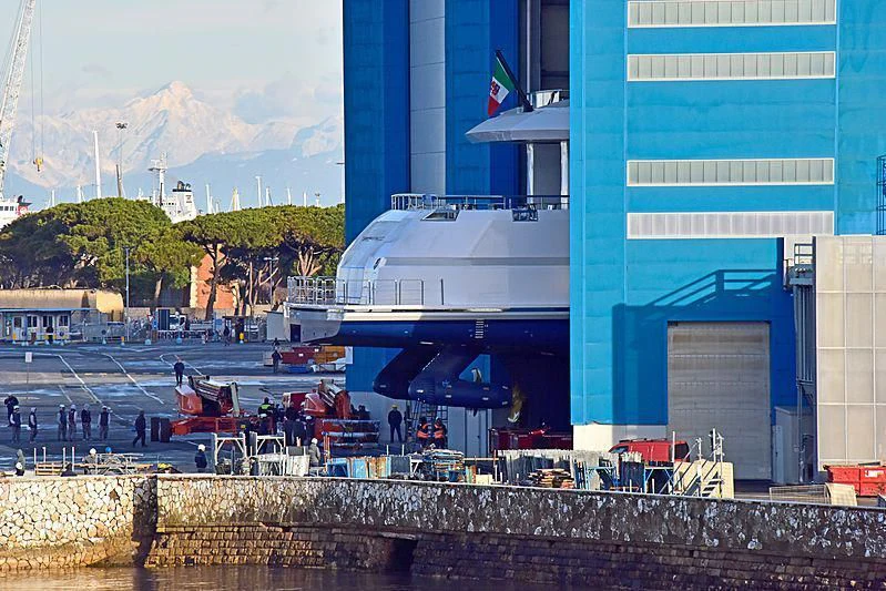 a group of people standing outside of a building with a flag on top aboard LUMINOSITY Yacht for Sale