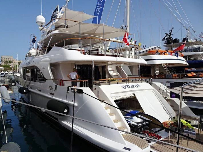 a boat docked at a pier aboard ORSO 3 Yacht for Sale