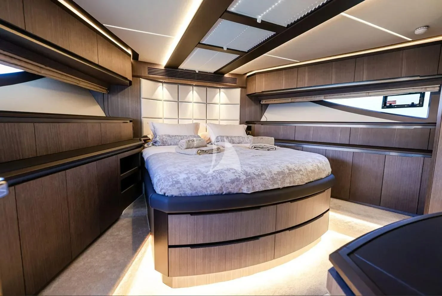 a bed in a room aboard FG STAR Yacht for Charter