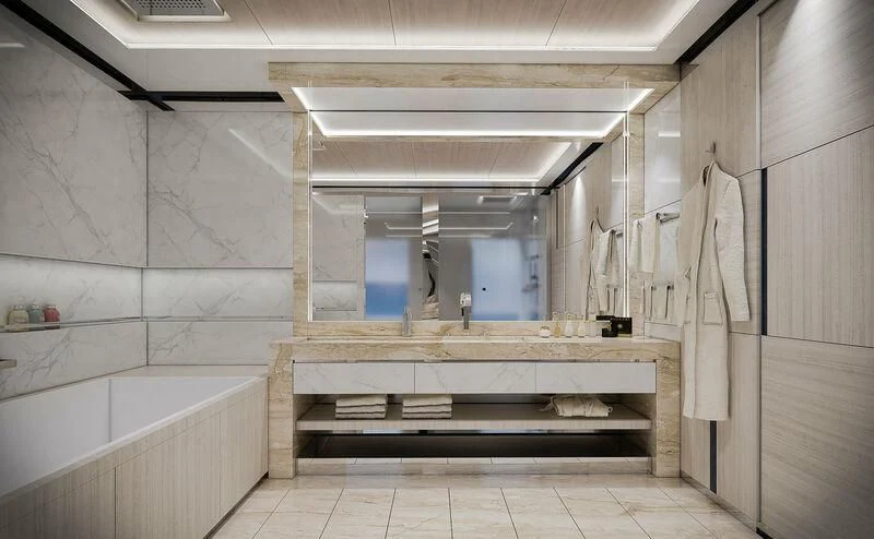 a bathroom with a large mirror aboard ICE 68 Yacht for Sale