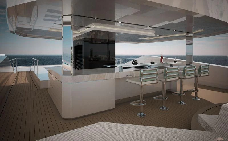 a room with tables and chairs aboard ICE 68 Yacht for Sale
