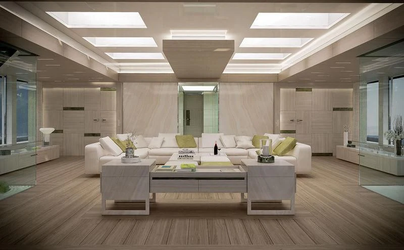 a large room with a table and chairs aboard ICE 68 Yacht for Sale