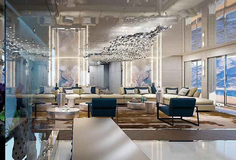 a large room with a large chandelier aboard ICE 68 Yacht for Sale