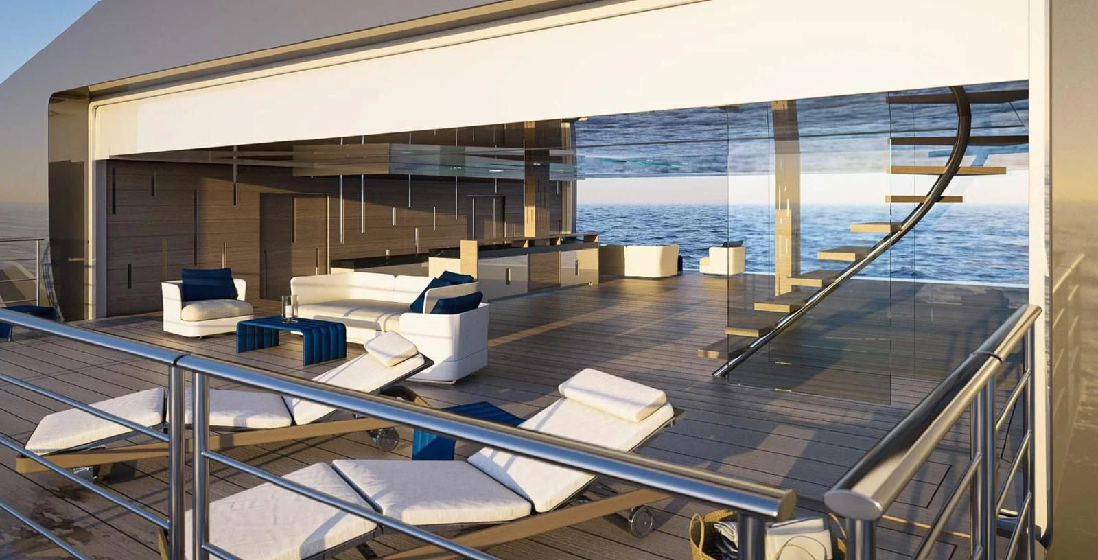 a large room with a deck and chairs aboard ICE 68 Yacht for Sale