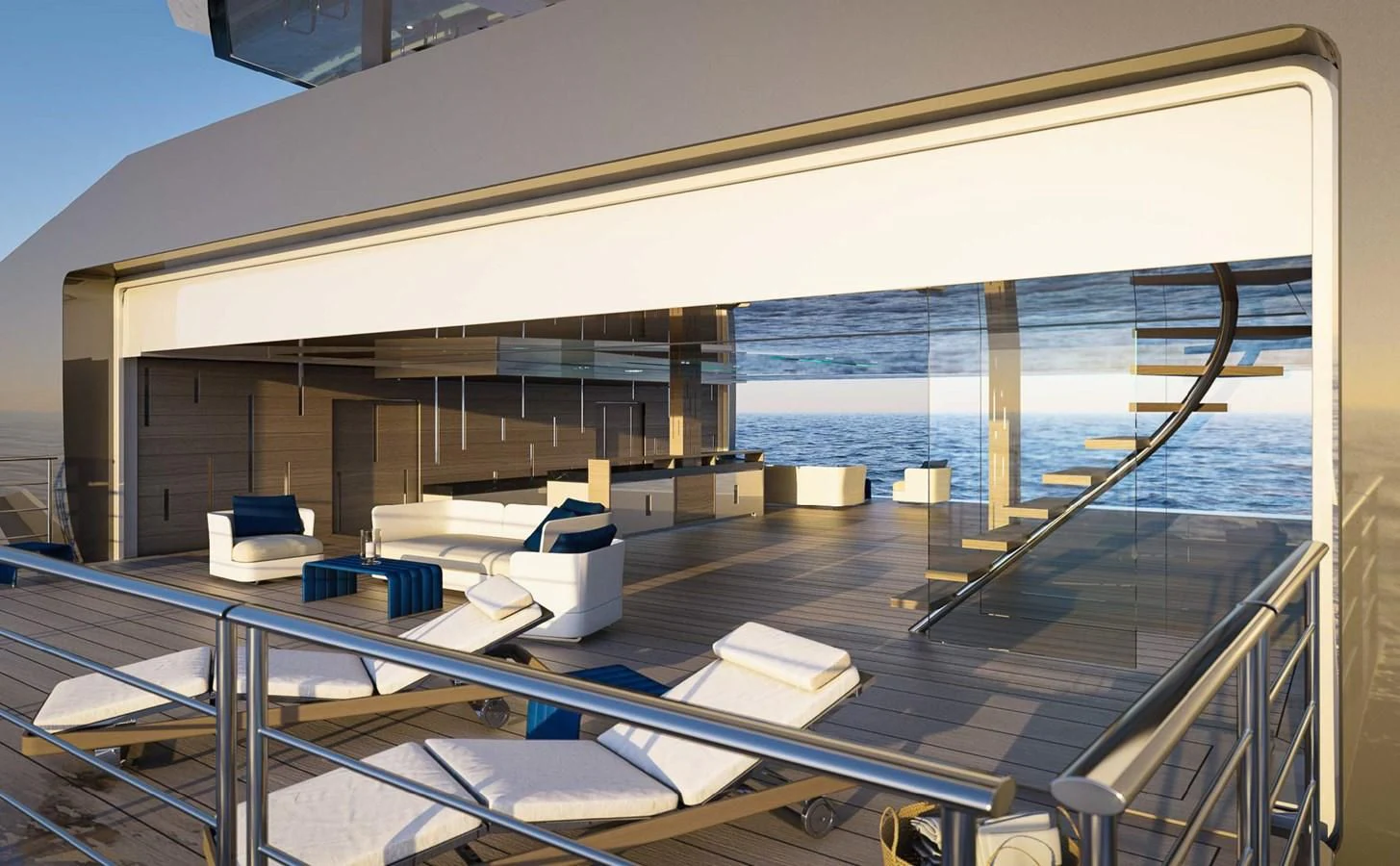a large room with a deck and a pool aboard ICE 68 Yacht for Sale
