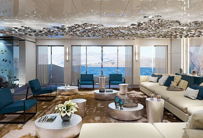 a living room with a large glass ceiling aboard ICE 68 Yacht for Sale