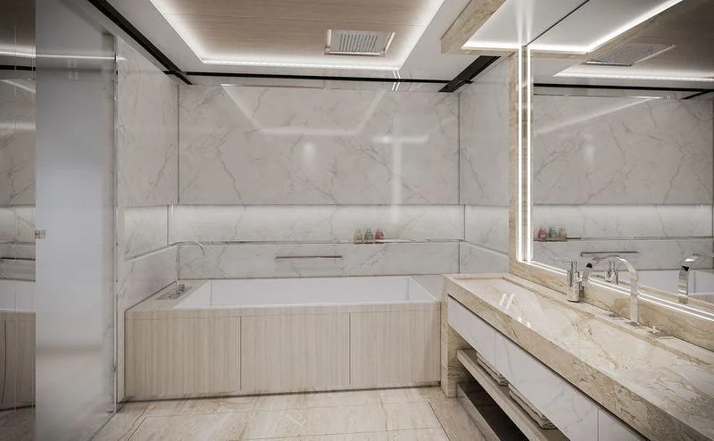 a bathroom with a sink and a large mirror aboard ICE 68 Yacht for Sale