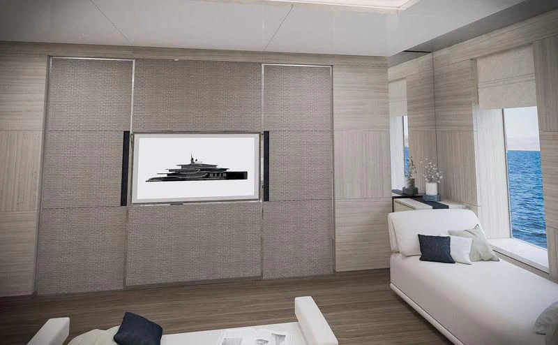 a room with a couch and a tv on the wall aboard ICE 68 Yacht for Sale