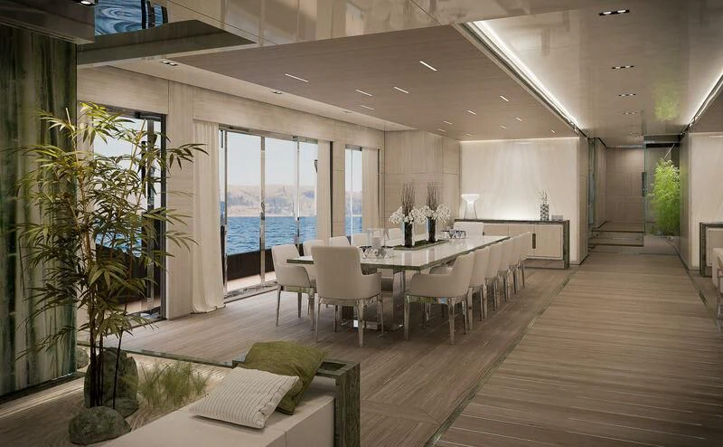a room with tables and chairs aboard ICE 68 Yacht for Sale