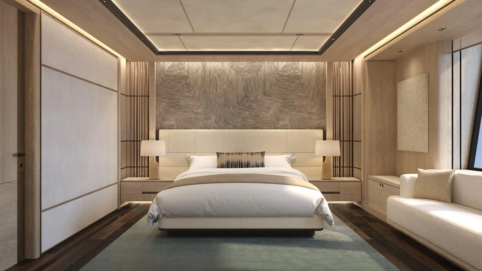 a room with a bed and a couch aboard ICE 68 Yacht for Sale