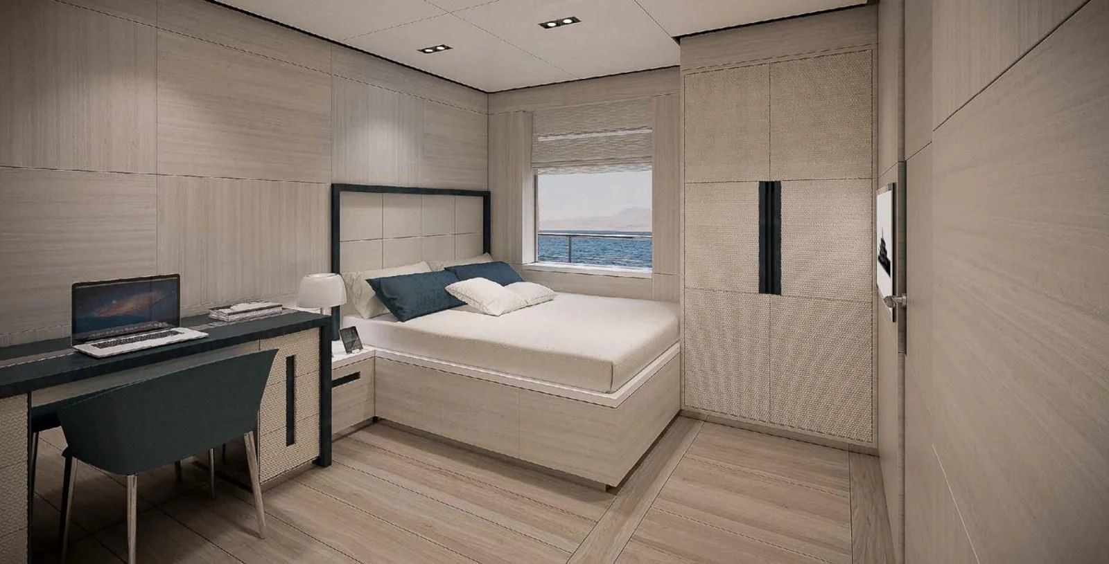 a bedroom with a bed and desk aboard ICE 68 Yacht for Sale
