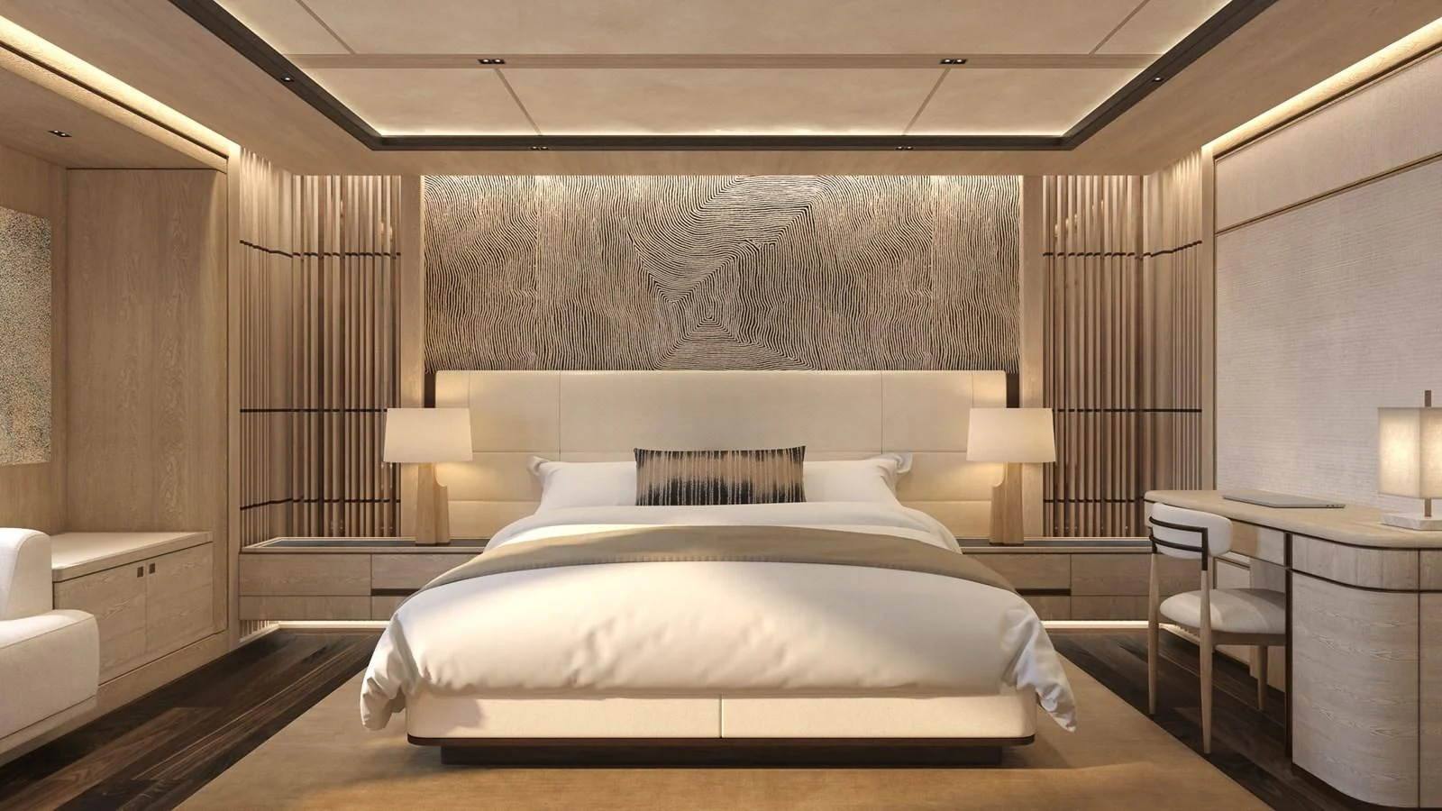 a large bed in a room aboard ICE 68 Yacht for Sale