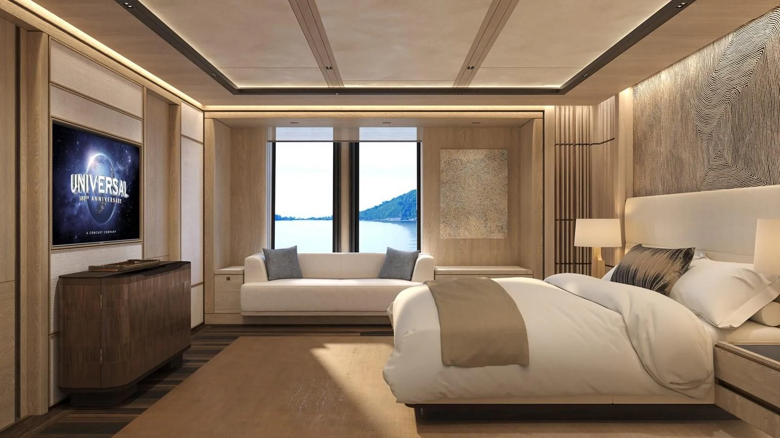 a room with a bed and a tv on the wall aboard ICE 68 Yacht for Sale