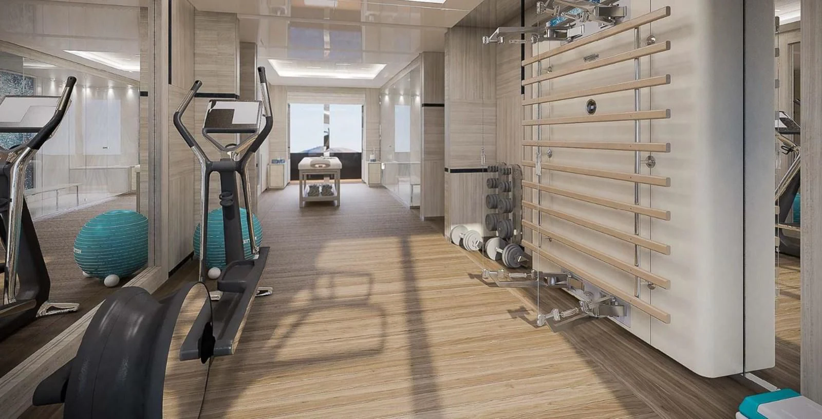 a room with a wood floor and a large white cabinet with a large shelf with chairs and a aboard ICE 68 Yacht for Sale