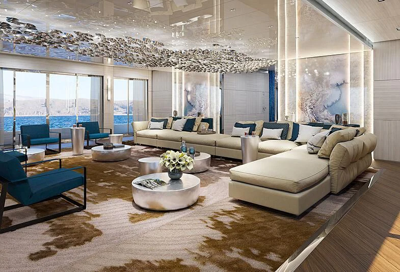 a living room with a large window aboard ICE 68 Yacht for Sale