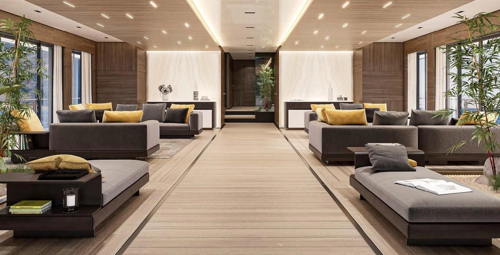 a living room with a large couch and a large window aboard ICE 68 Yacht for Sale