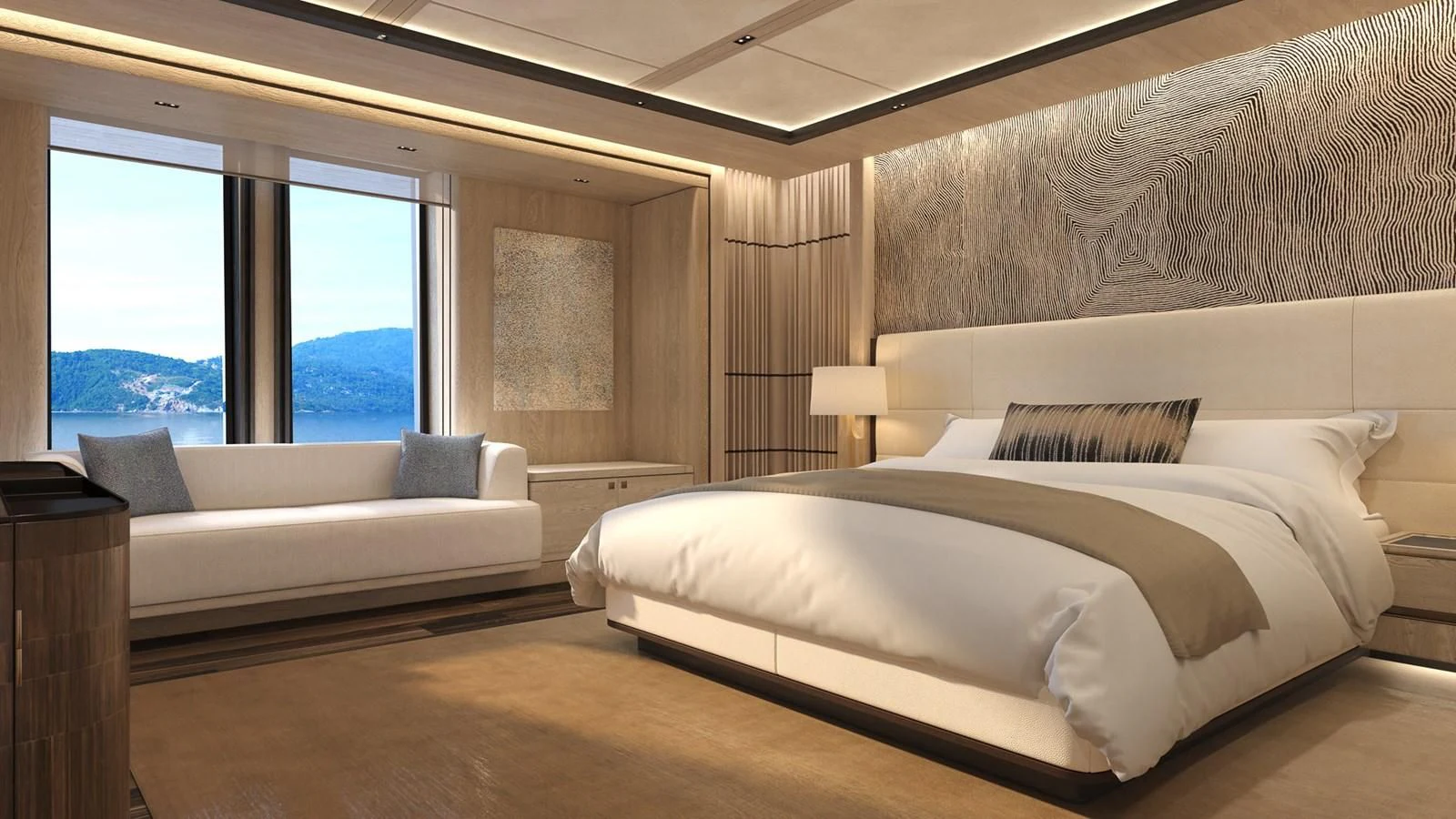 a large bed in a room aboard ICE 68 Yacht for Sale