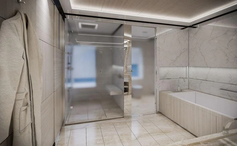 a bathroom with a shower and a sink aboard ICE 68 Yacht for Sale