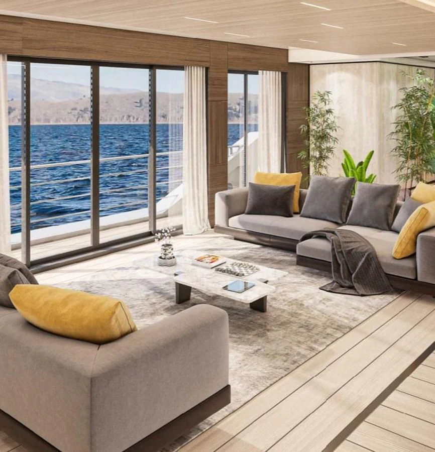 a living room with a large window aboard ICE 68 Yacht for Sale