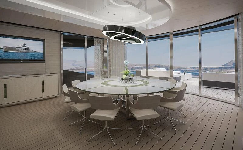 a room with a table and chairs aboard ICE 68 Yacht for Sale