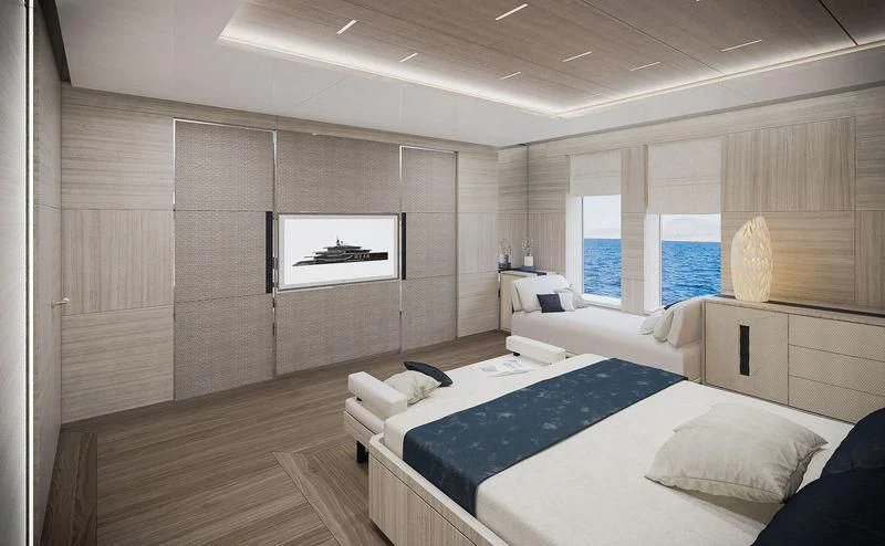a room with a bed and a tv aboard ICE 68 Yacht for Sale