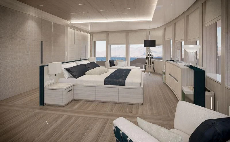 a large bedroom with a large bed aboard ICE 68 Yacht for Sale
