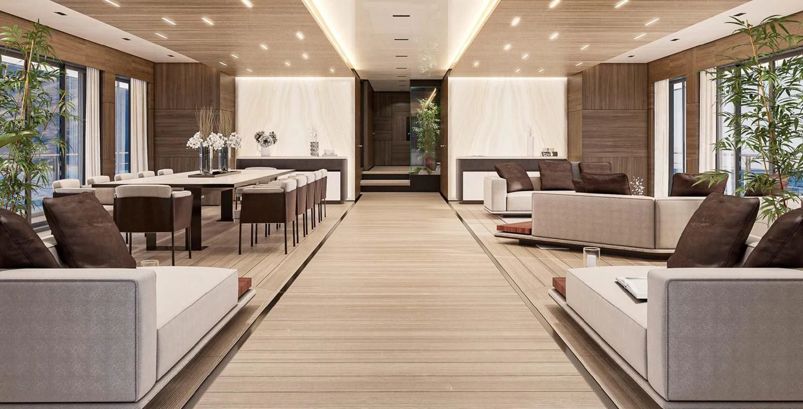 a large living room with a large table and couches aboard ICE 68 Yacht for Sale