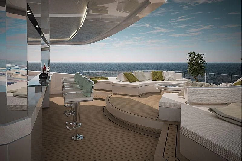 a room with a view of the ocean and a beach aboard ICE 68 Yacht for Sale