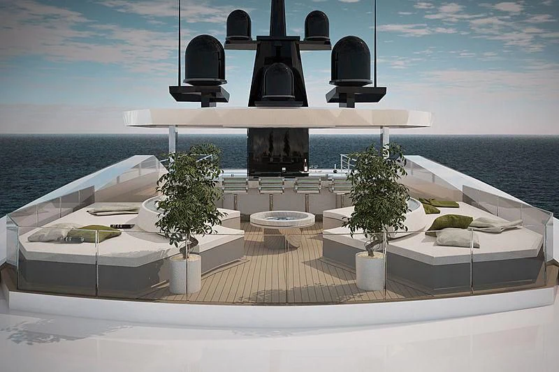 a white boat on a body of water with a plant in it aboard ICE 68 Yacht for Sale
