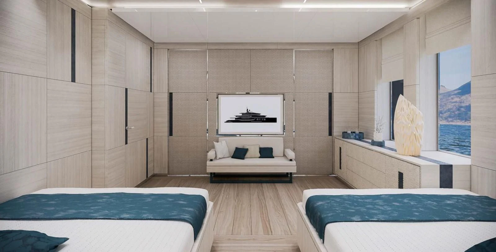 a room with a bed and a tv aboard ICE 68 Yacht for Sale