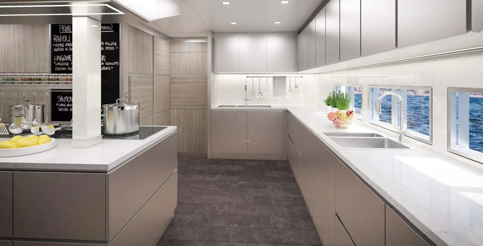 a kitchen with white cabinets aboard ICE 68 Yacht for Sale