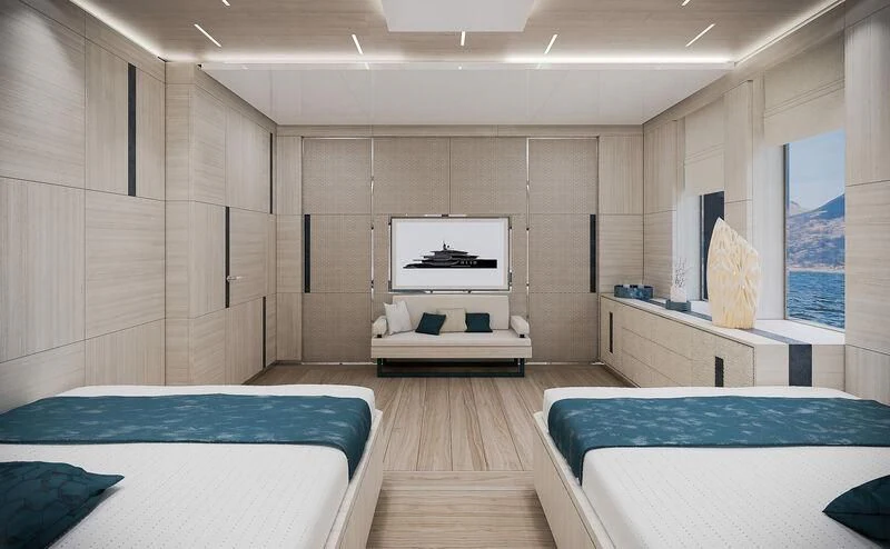 a room with a bed and a tv aboard ICE 68 Yacht for Sale