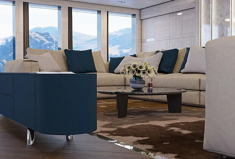 a living room with a couch and a coffee table aboard ICE 68 Yacht for Sale