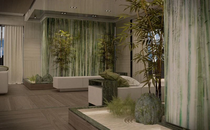 a room with plants and a large window aboard ICE 68 Yacht for Sale