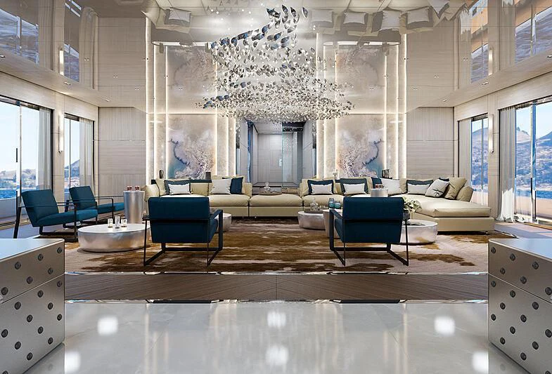 a large room with a chandelier and a couch aboard ICE 68 Yacht for Sale