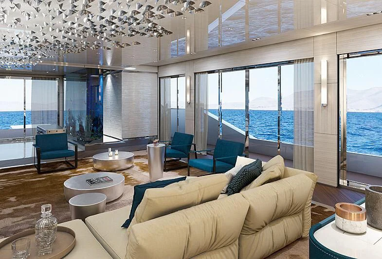 a living room with a large window aboard ICE 68 Yacht for Sale