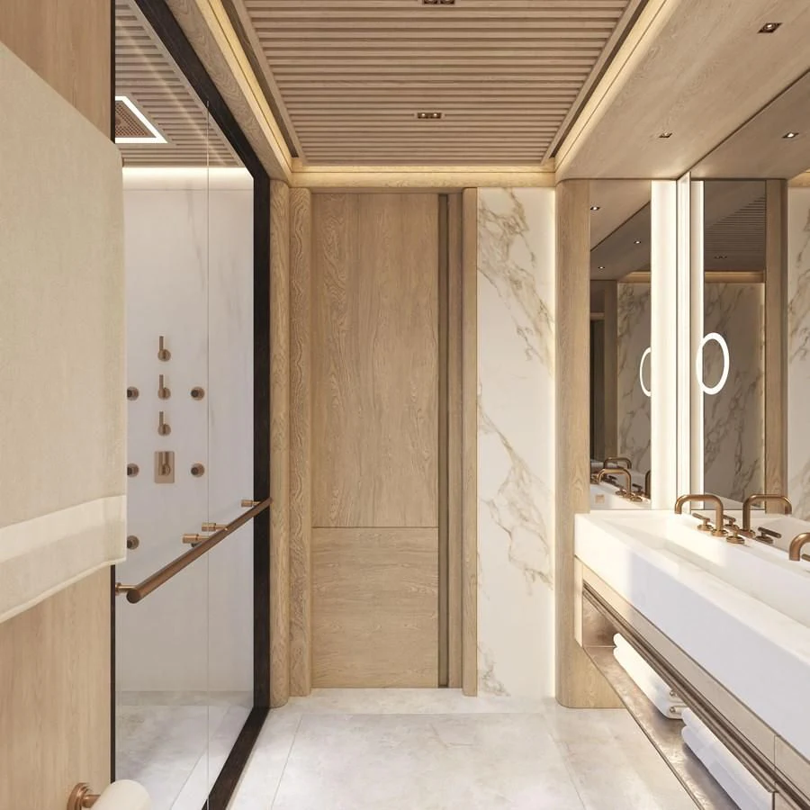 a bathroom with a tub sink and a mirror aboard ICE 68 Yacht for Sale