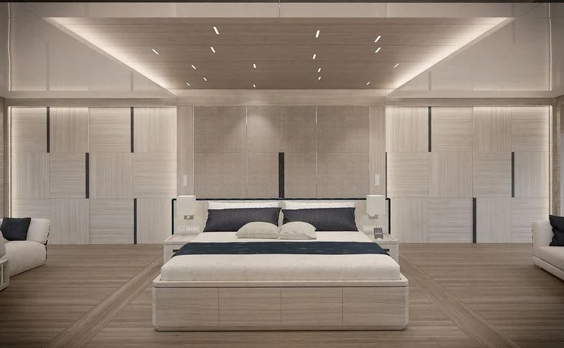 a room with a bed and a couch aboard ICE 68 Yacht for Sale